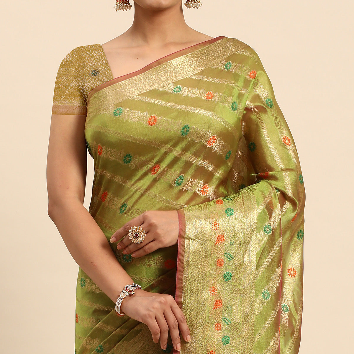 Mehendi Green Floral Woven Organza Silk Saree