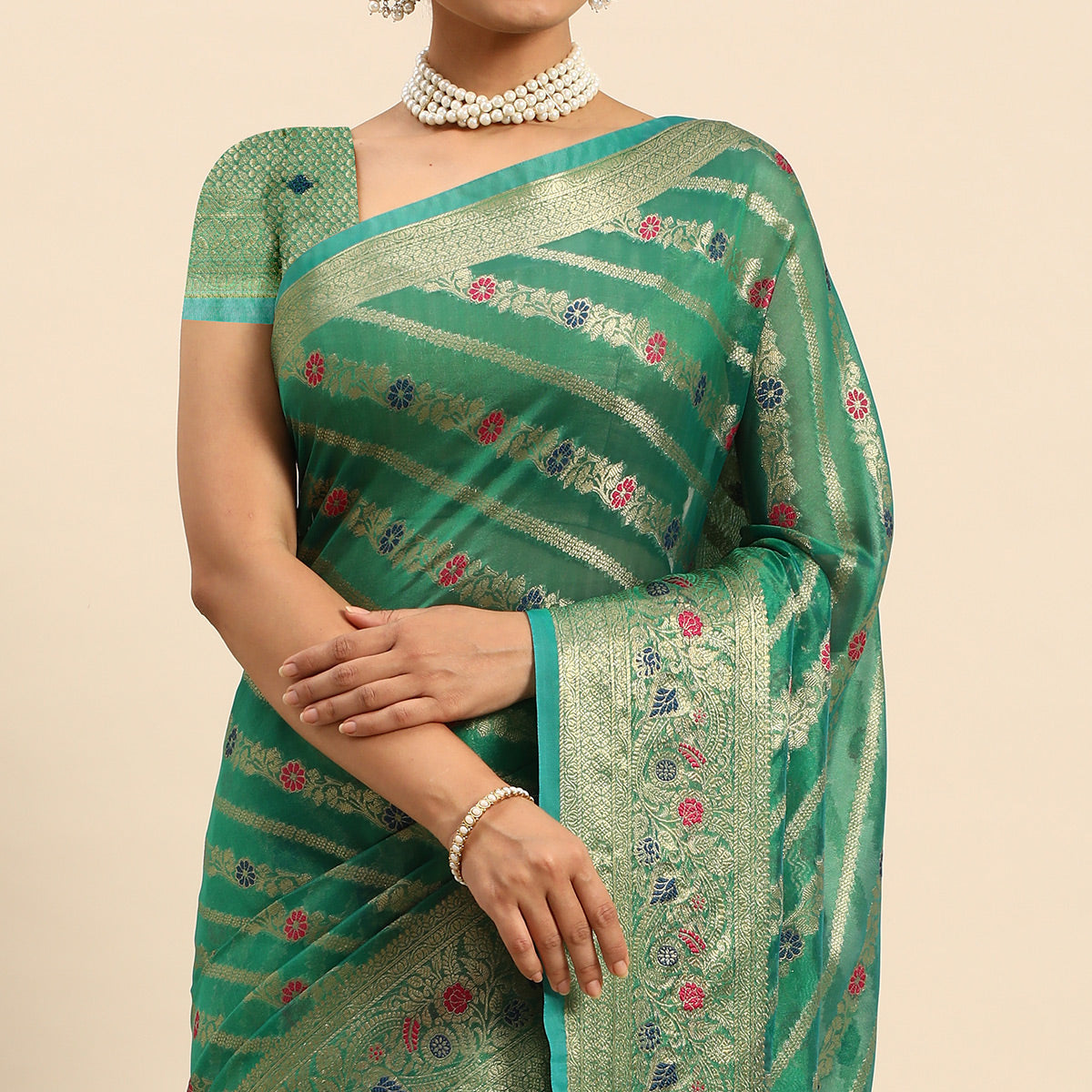 green-floral-woven-organza-silk-saree-1