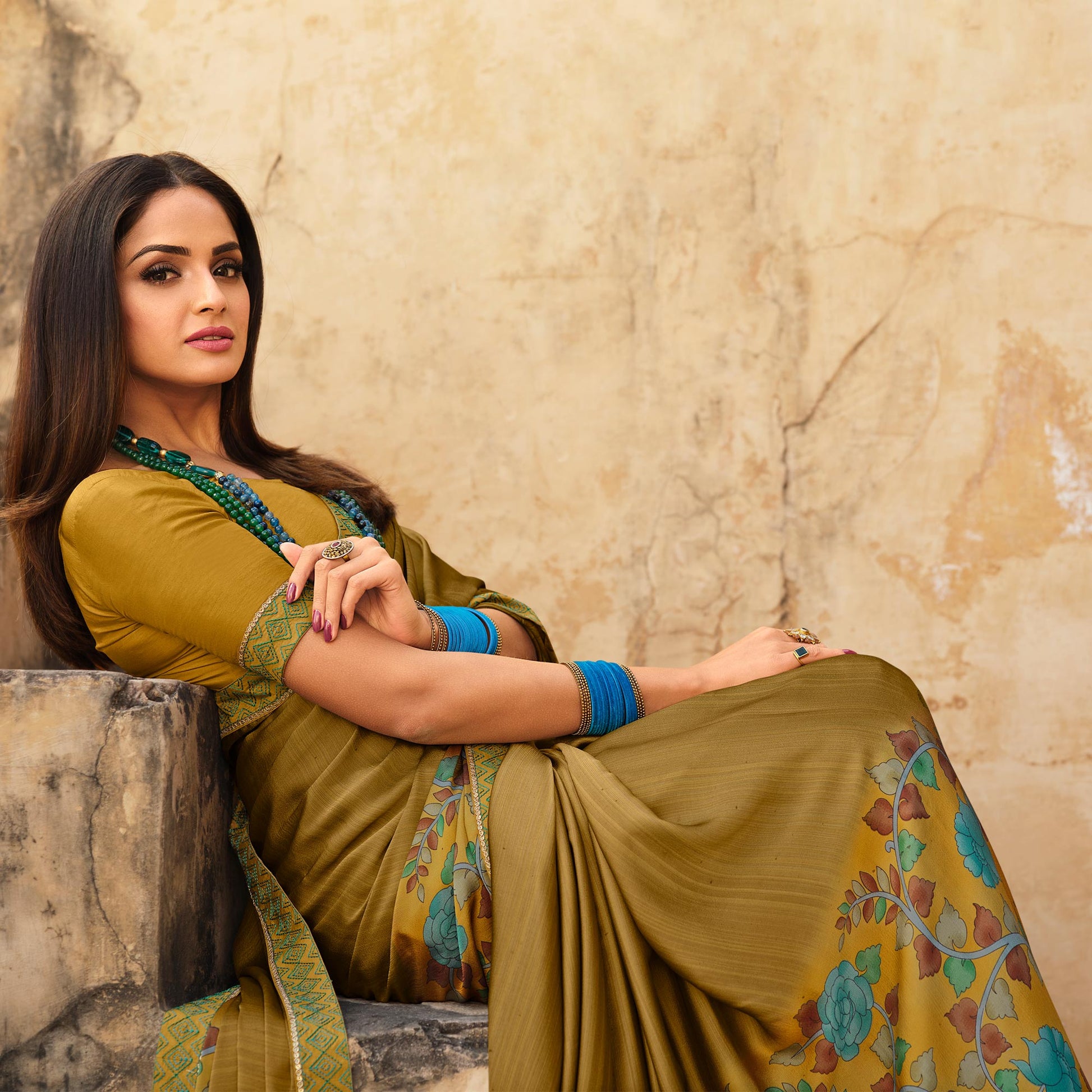 Mehendi Green Floral Printed With Embroidered Border Silk Saree