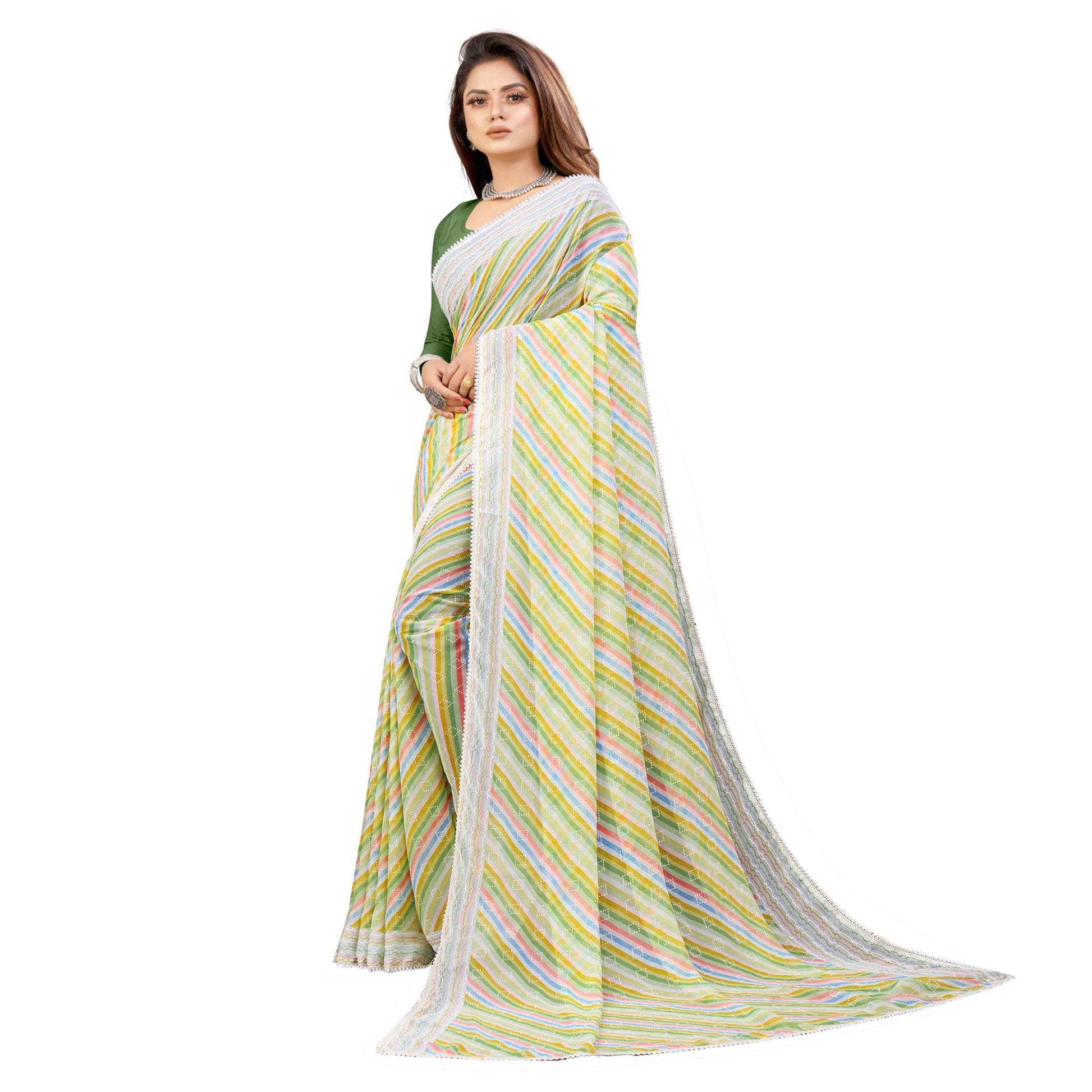green-striped-printed-georgette-saree