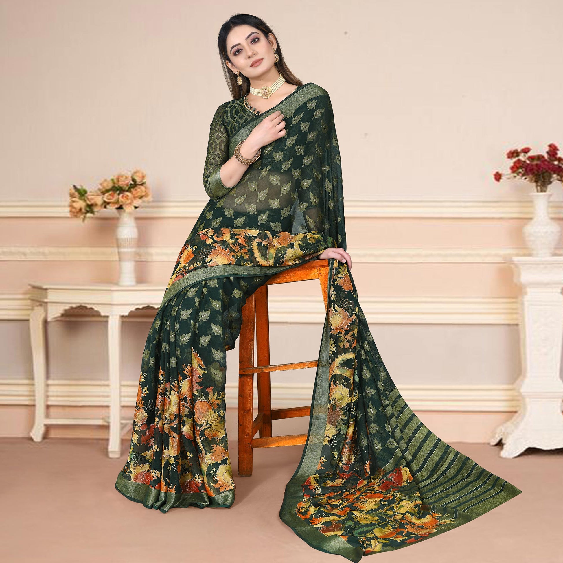 Dark Green Floral Printed With Zari Work Brasso Saree