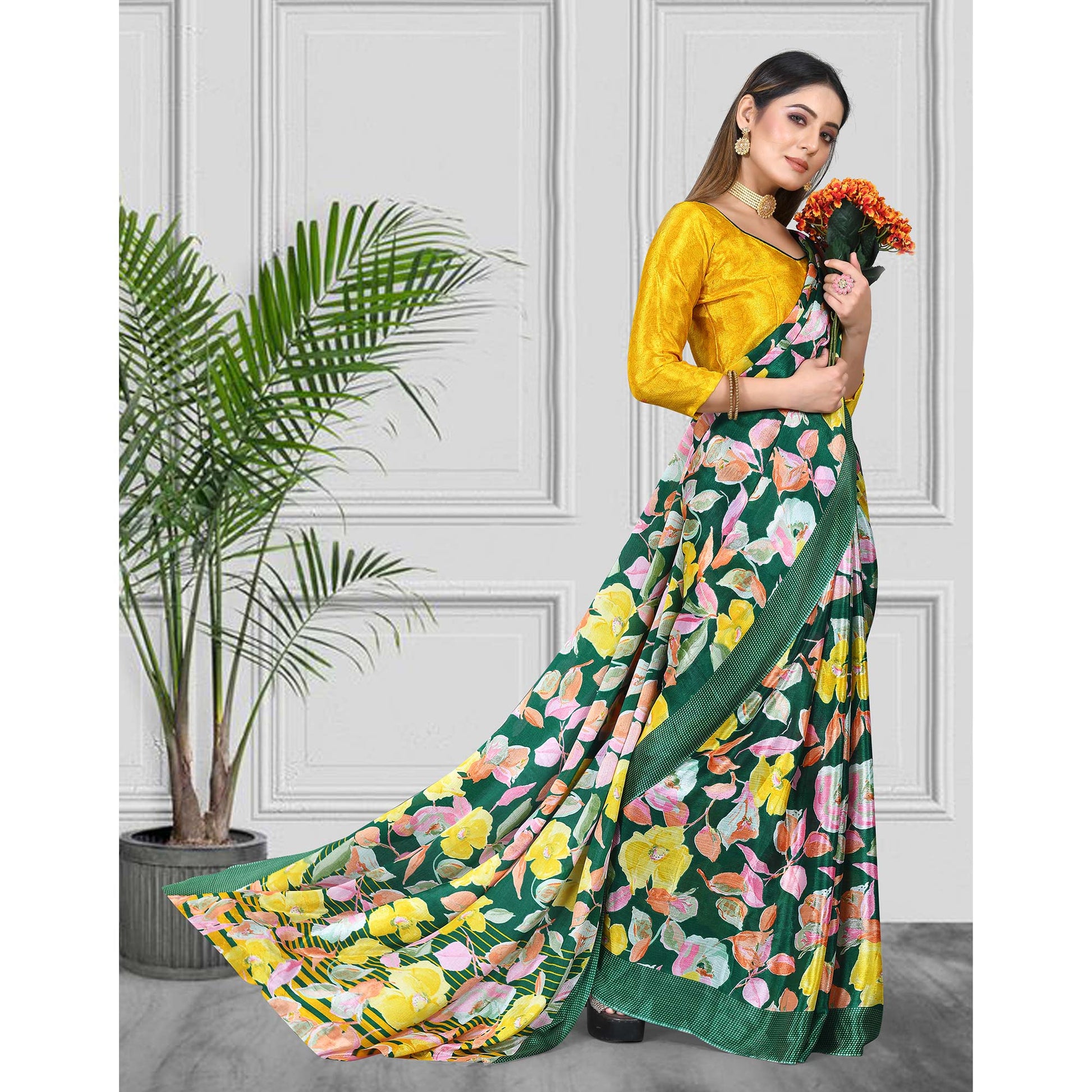 green-yellow-floral-printed-chiffon-saree