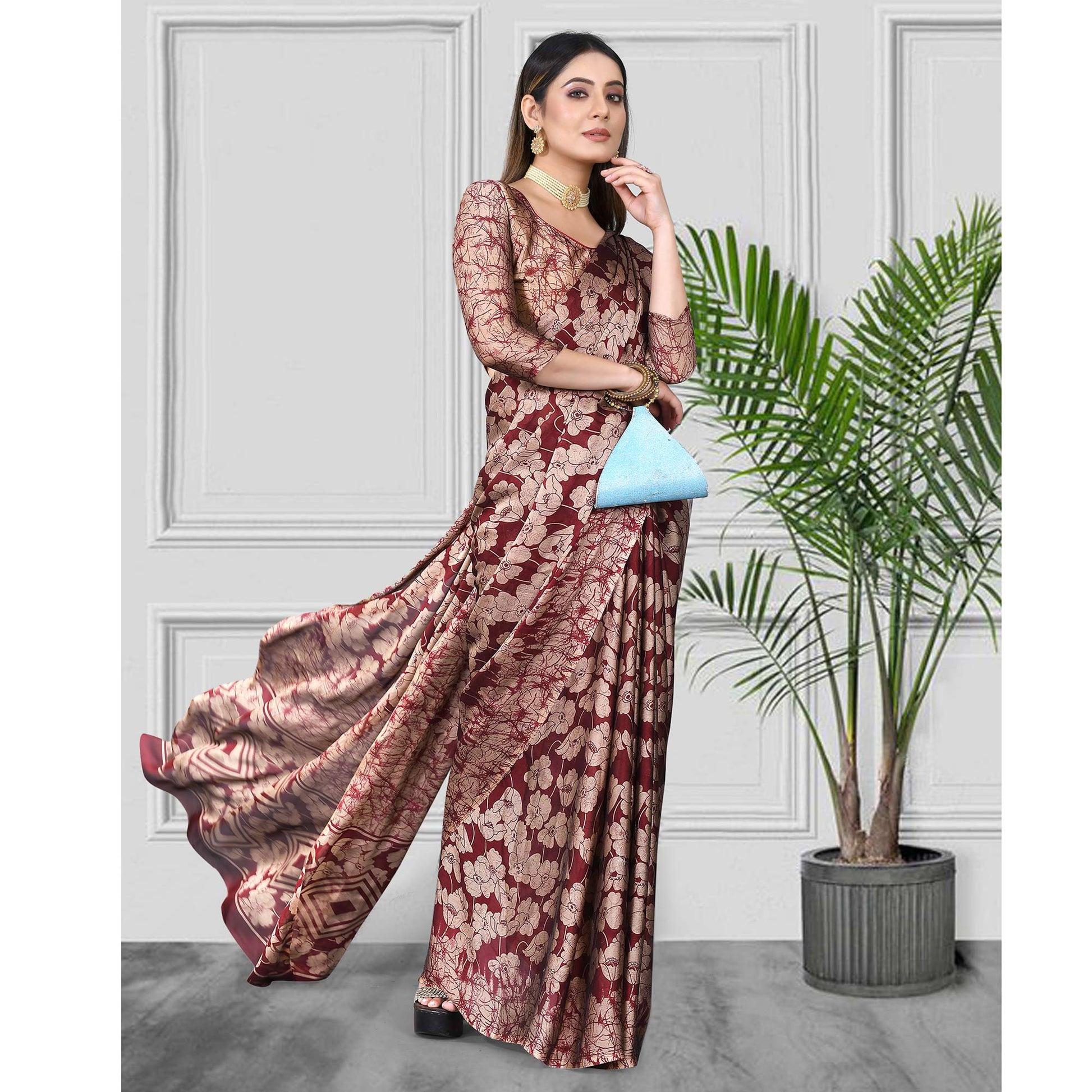Maroon Floral Printed Chiffon Saree