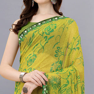 Lemon Green Floral Printed Georgette Saree