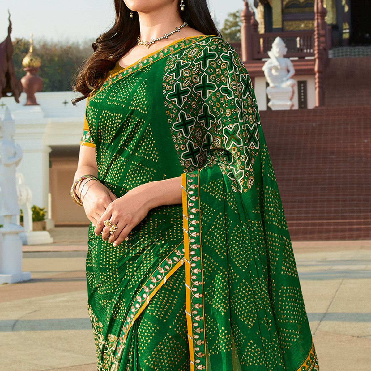 green-bhandhani-printed-chiffon-saree