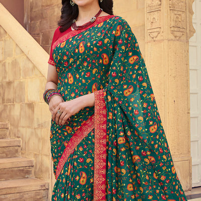 Light Green Floral Printed Georgette Saree