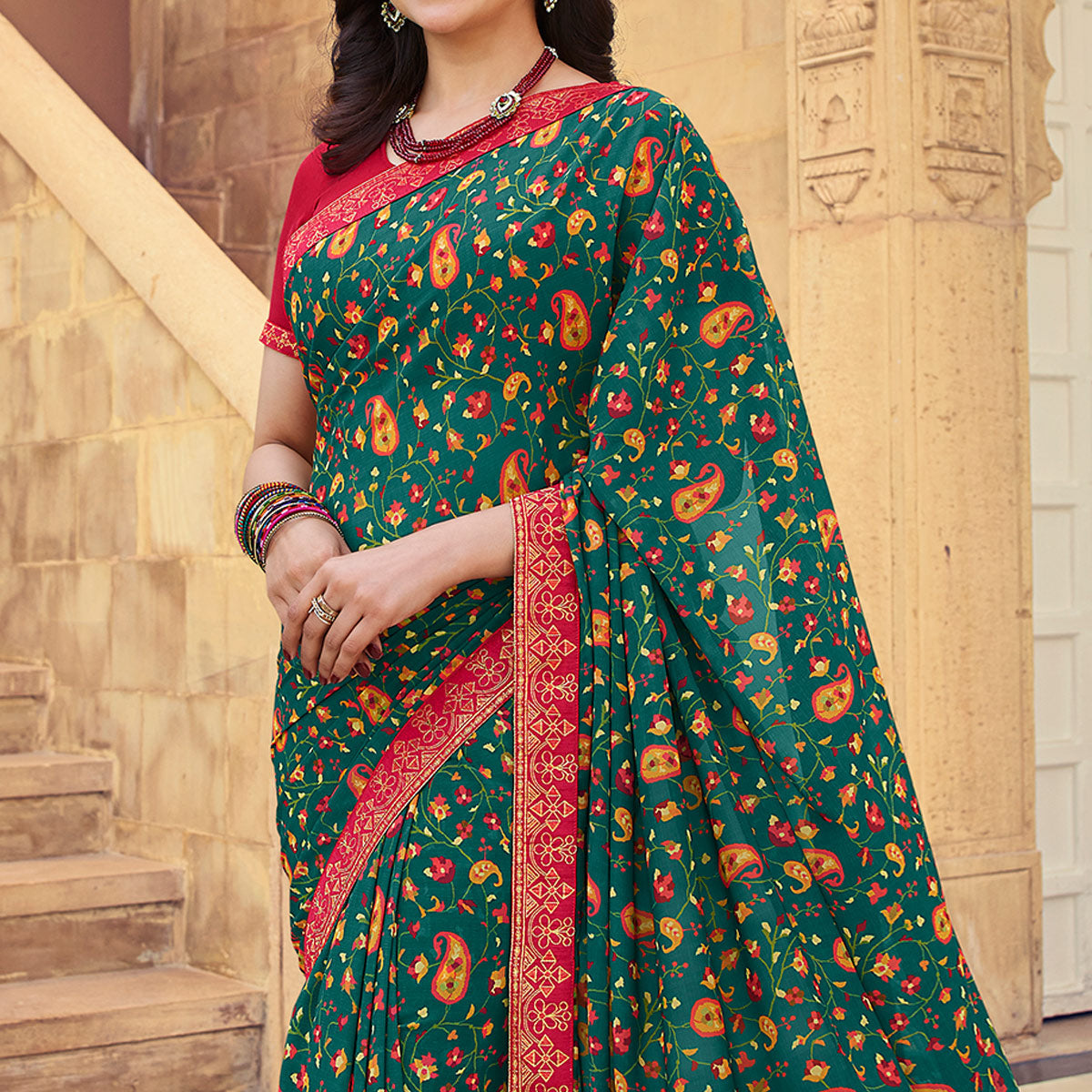 Light Green Floral Printed Georgette Saree