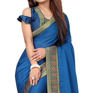 Blue Solid With Woven Border Vichitra Silk Saree