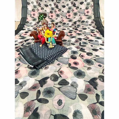 Multicolor Floral Digital Printed Linen Saree