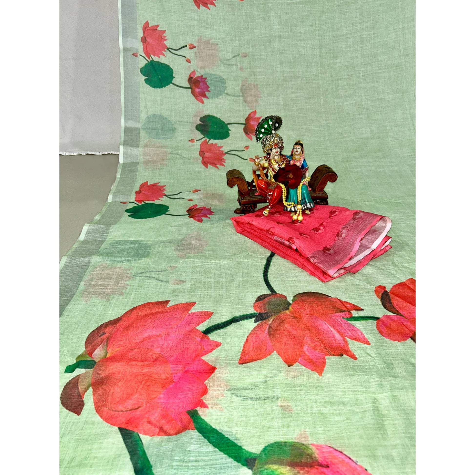green-floral-digital-printed-linen-saree