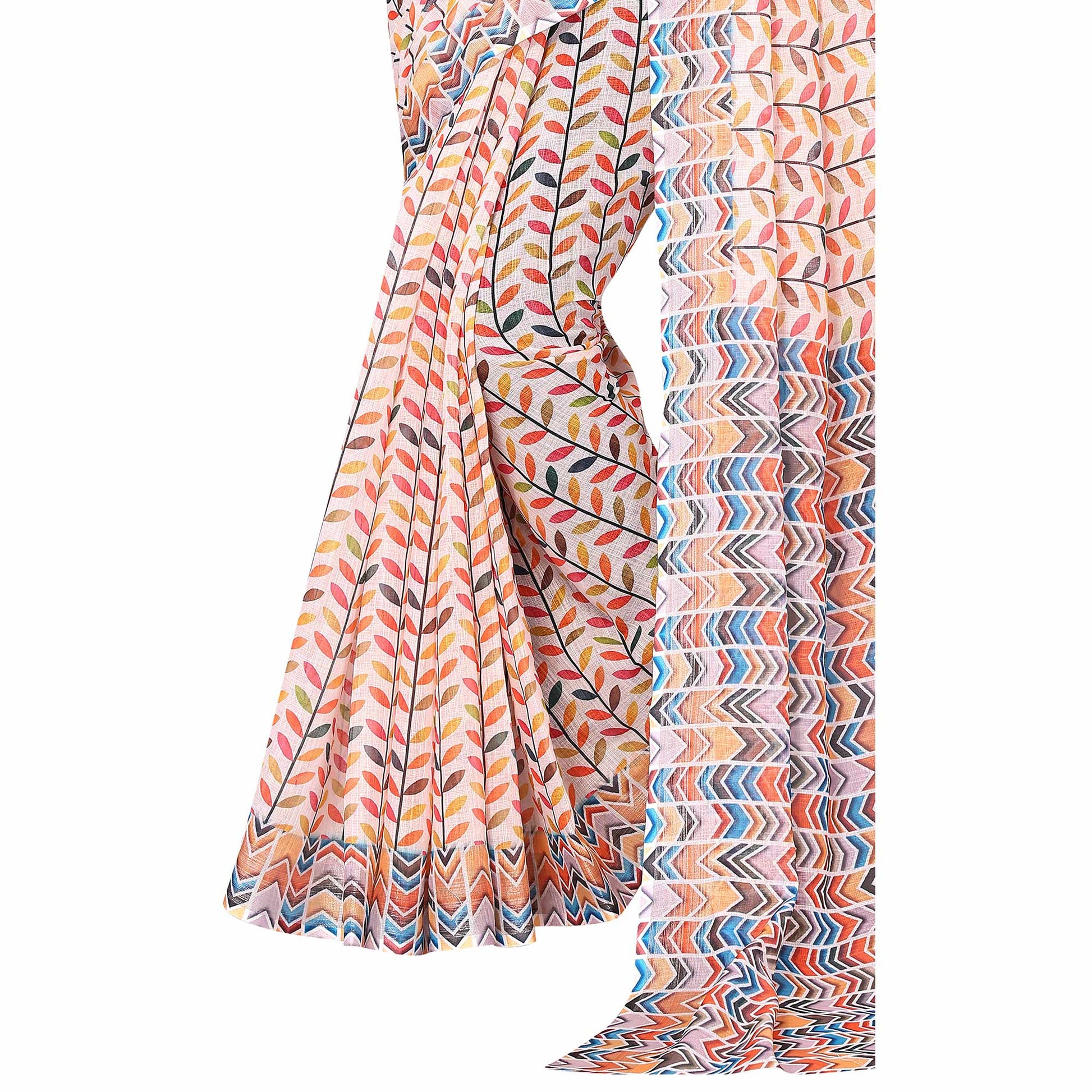 Cream & Multicolor Digital Floral Printed Linen Saree
