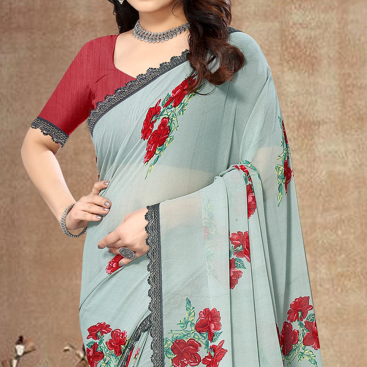 grey-floral-printed-georgette-saree-with-lace-border