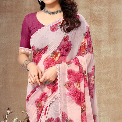 Light Peach Floral Printed Georgette Saree With Lace Border