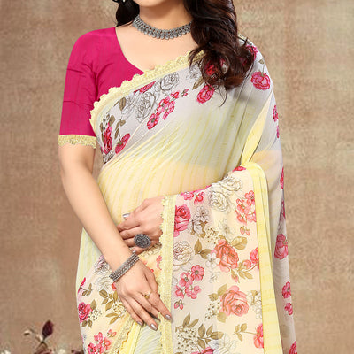 Light Yellow Floral Printed Georgette Saree With Lace Border