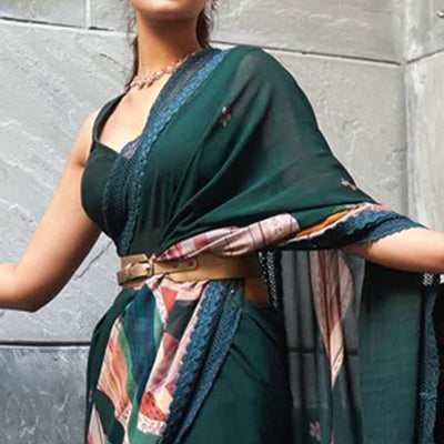 Bottle Green Digital Printed Chinon Saree