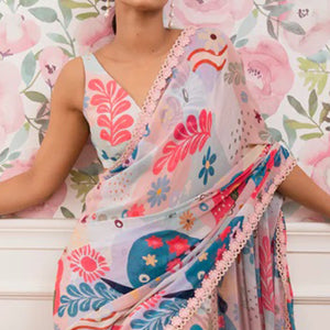 Light Blue Digital Printed Georgette Saree