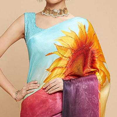 Multicolor Digital Printed Chinon Silk Saree