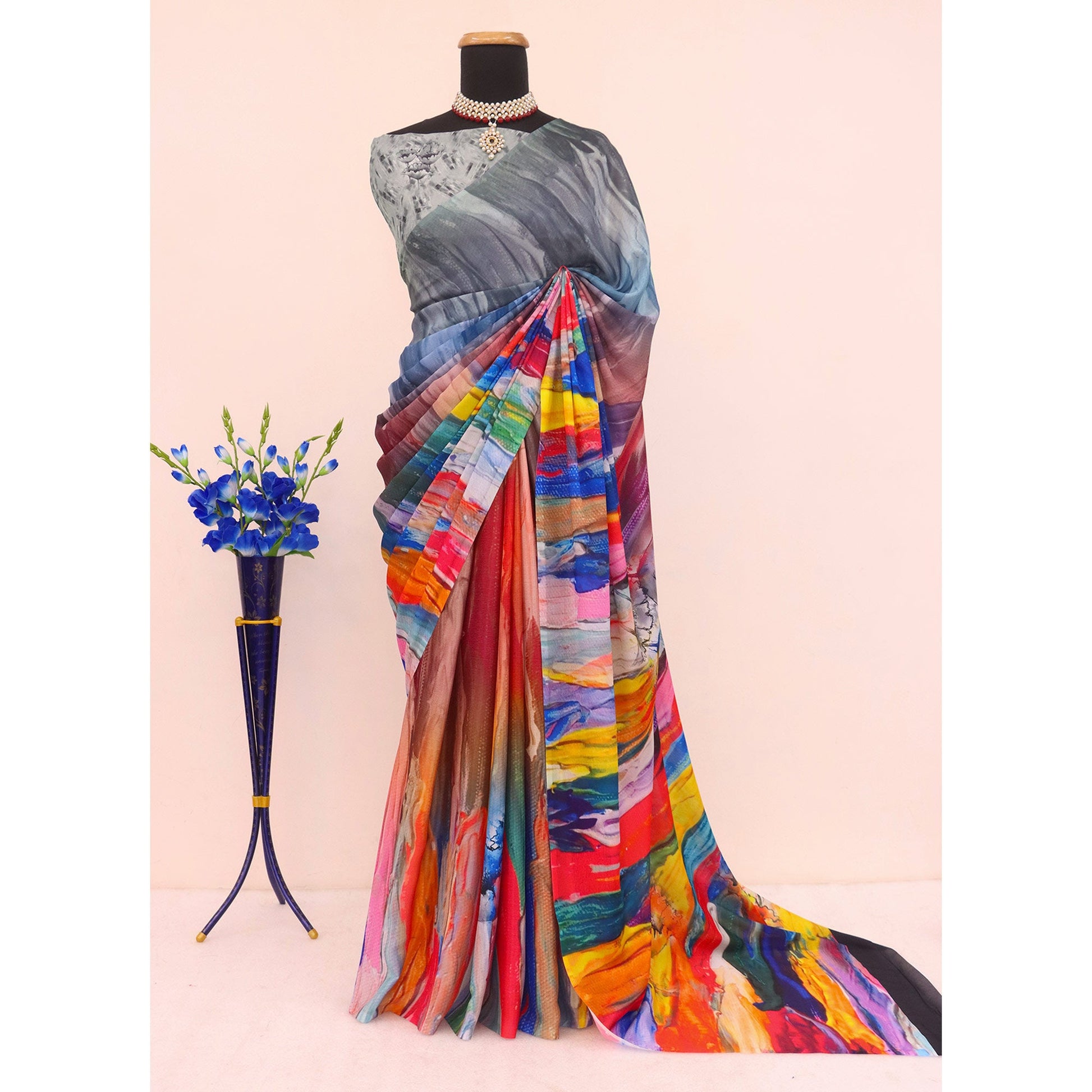 Multicolor Digital Printed Chinon Saree