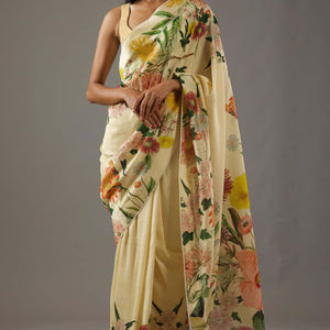 Cream Floral Printed Chiffon Saree