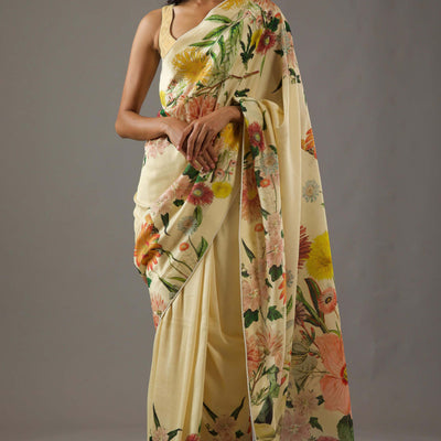 Cream Floral Printed Chiffon Saree