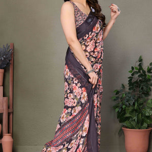 Brown Floral Printed Chiffon Saree