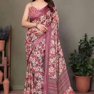 Mauve Floral Printed Chiffon Saree