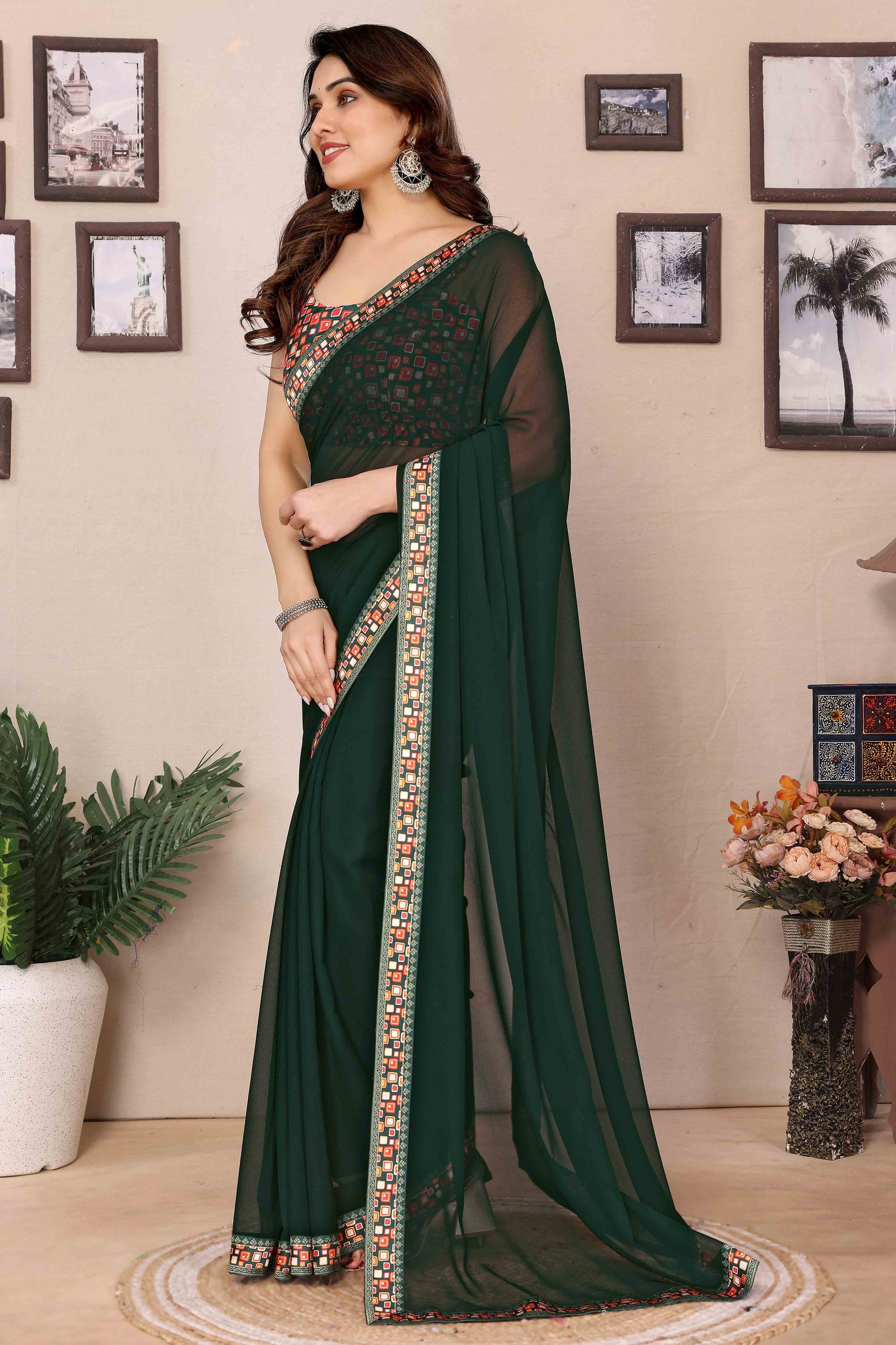 green-solid-georgette-saree-with-printed-border