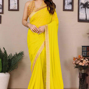Lemon Yellow Solid Georgette Saree With Printed Border