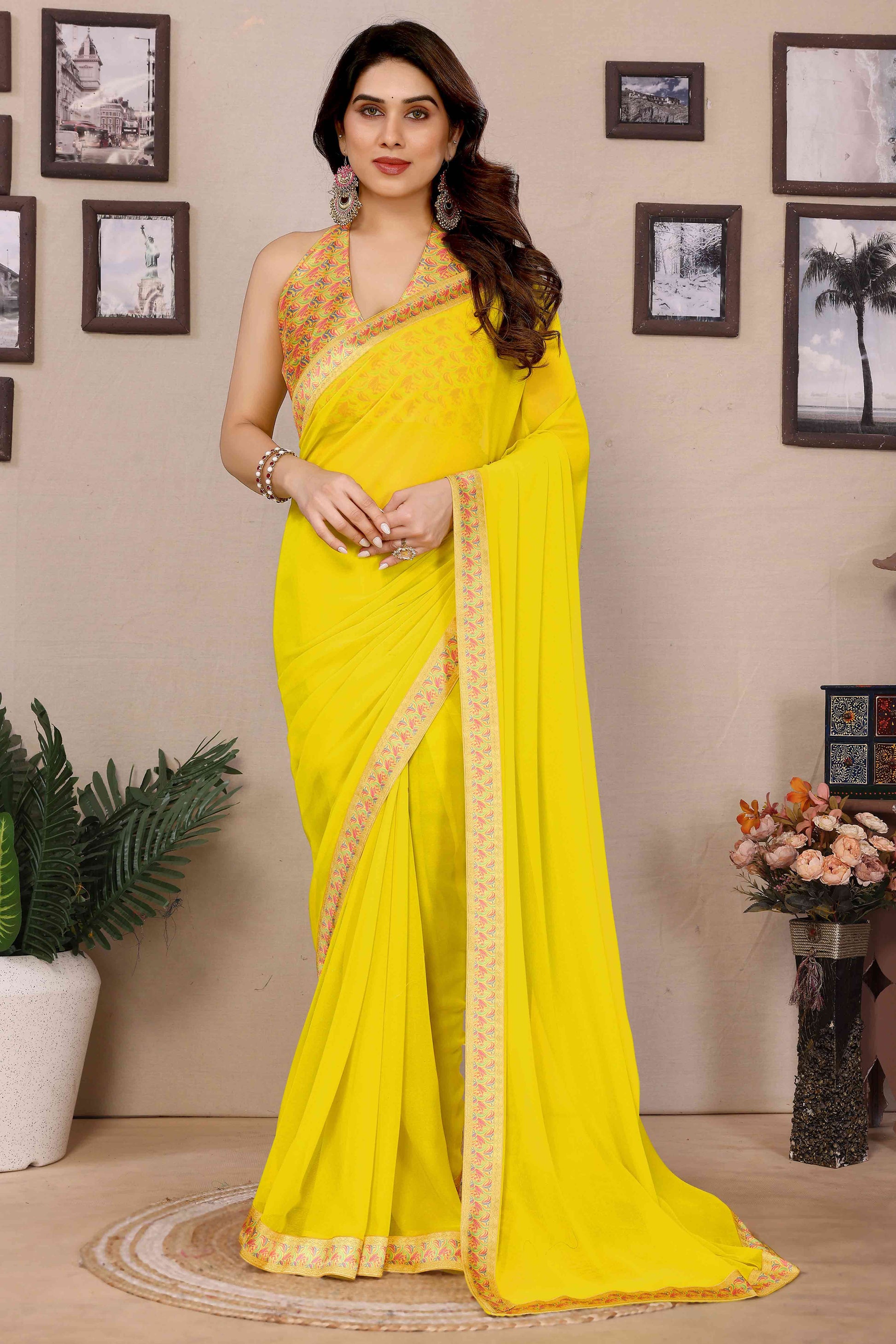 Lemon Yellow Solid Georgette Saree With Printed Border