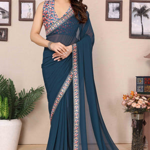 Morpich Blue Solid Georgette Saree With Printed Border