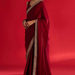 Maroon Solid With Embellished Bordered Chiffon Sarees