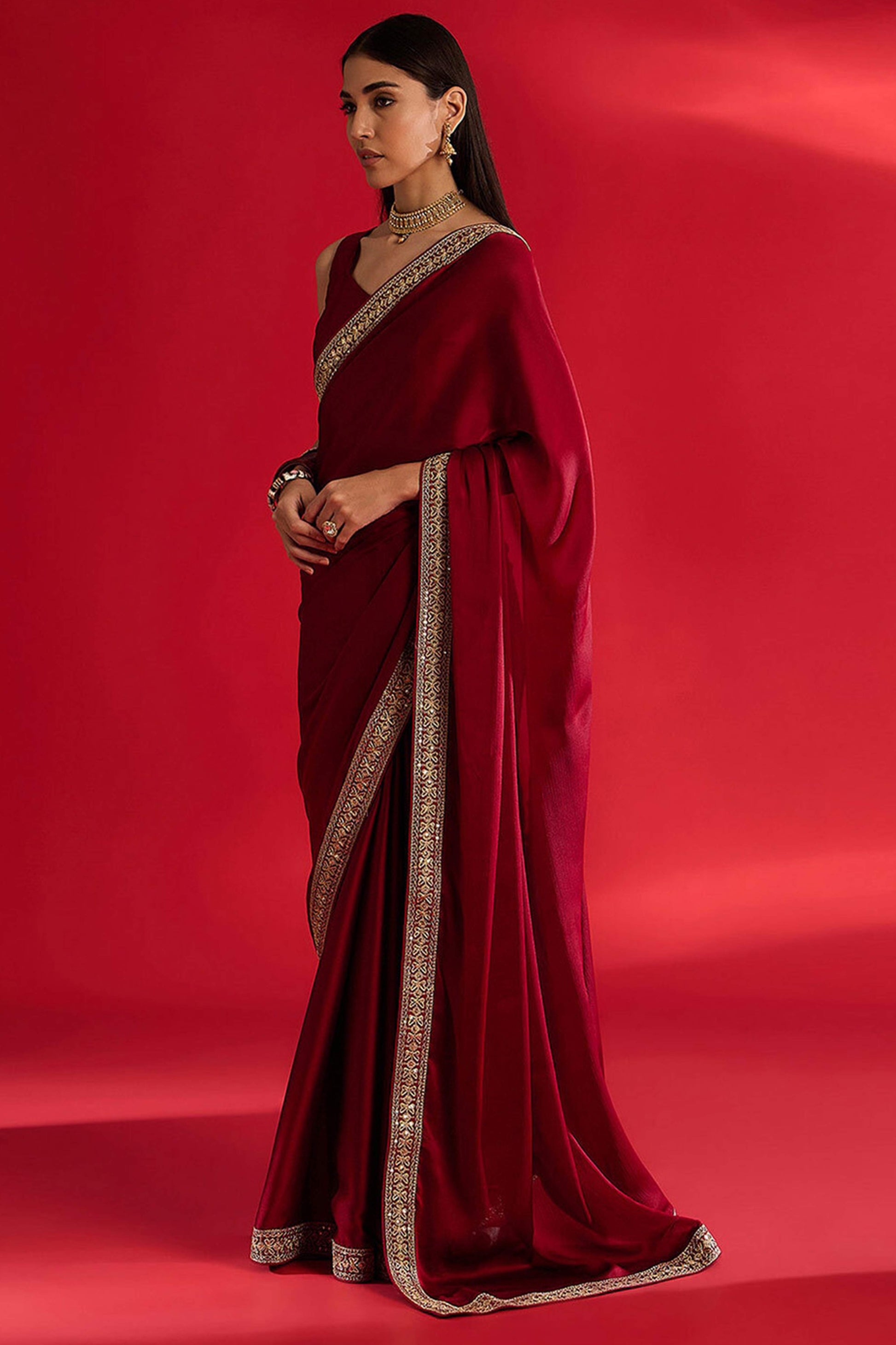 Maroon Solid With Embellished Bordered Chiffon Sarees