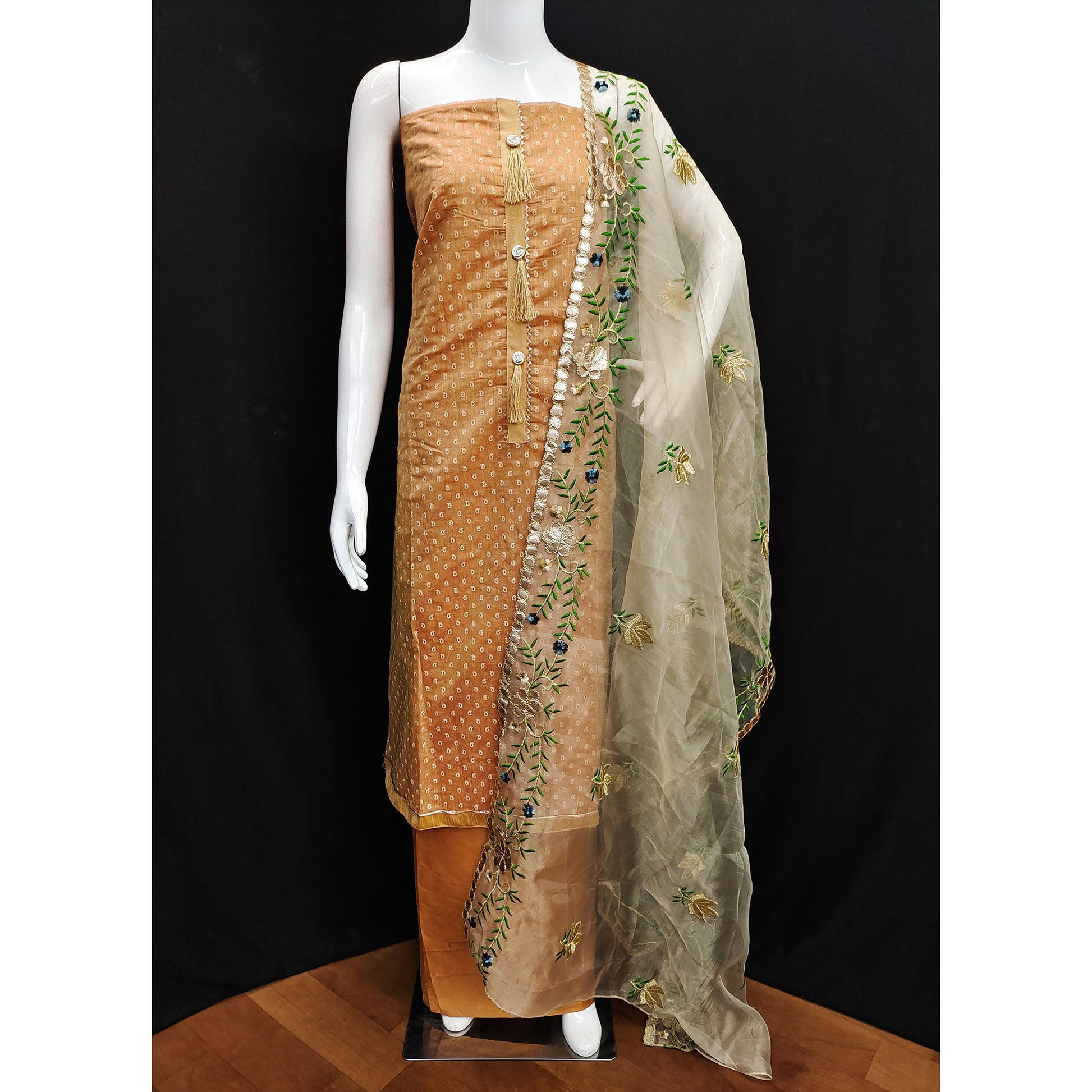Light Orange Printed Chanderi Dress Material
