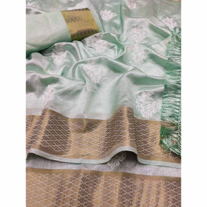 Light Turquoise Floral Embroidered Chanderi Saree