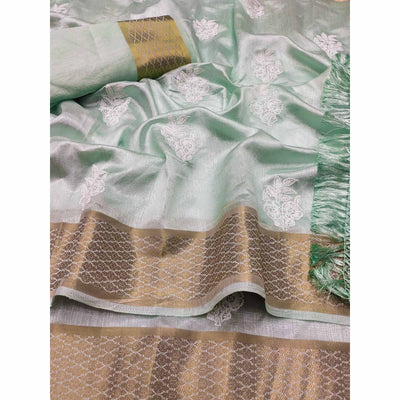 Light Turquoise Floral Embroidered Chanderi Saree