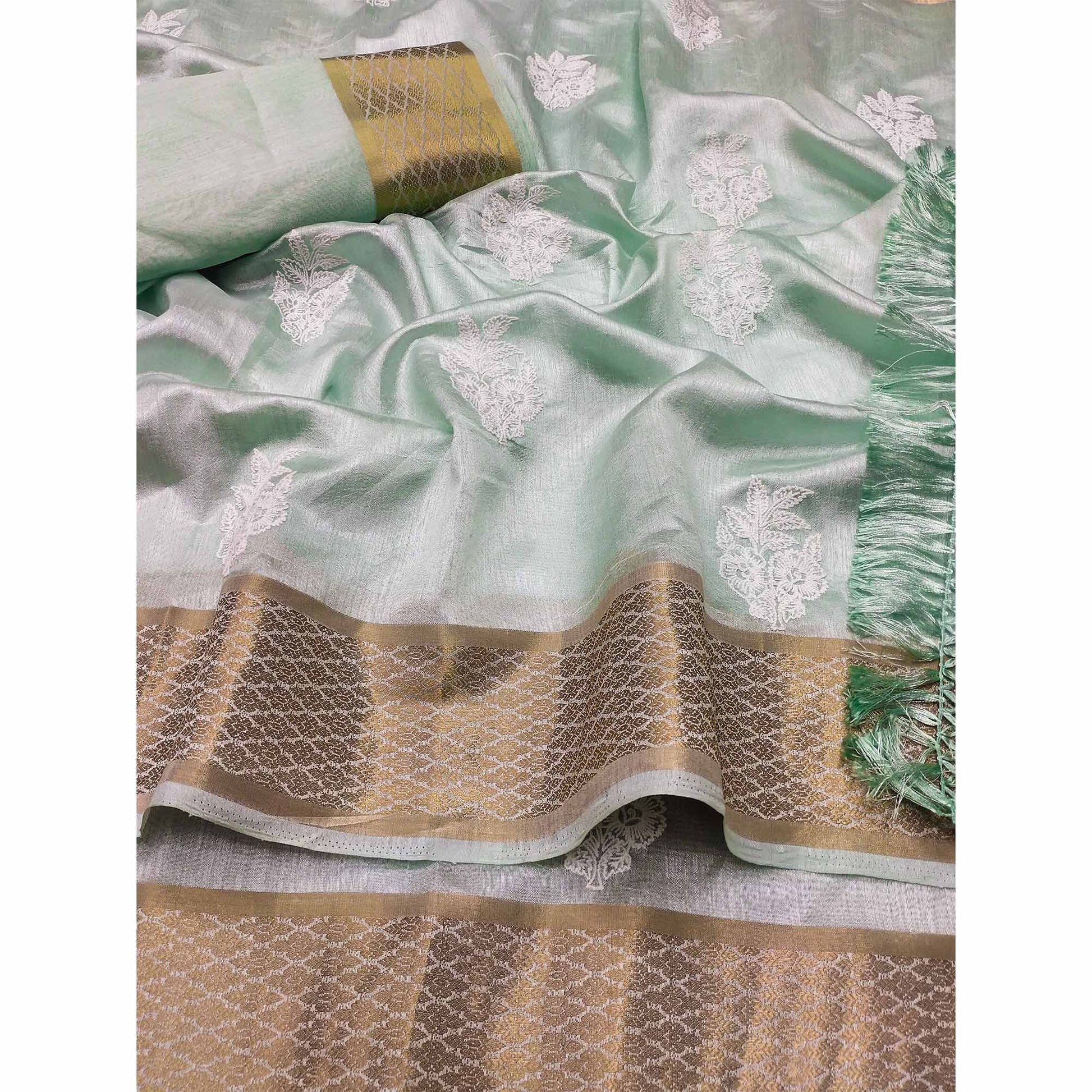 Light Turquoise Floral Embroidered Chanderi Saree