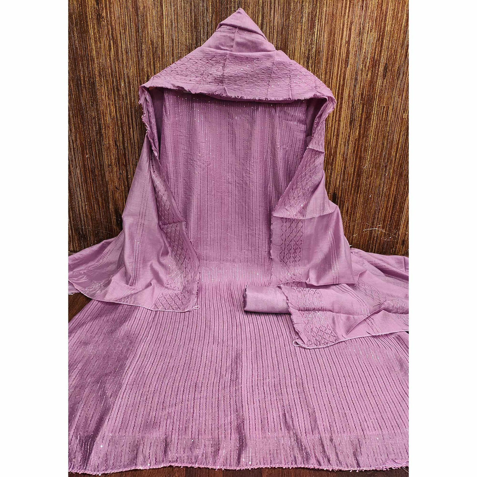 Mauve Sequins Embroidered Cotton Dress Material