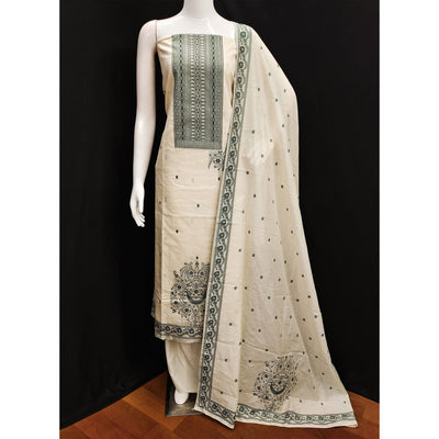 Cream & Green Floral Woven Pure Cotton Dress Material