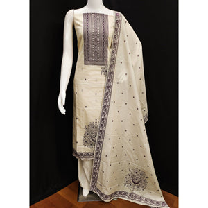 Cream & Wine Floral Woven Pure Cotton Dress Material