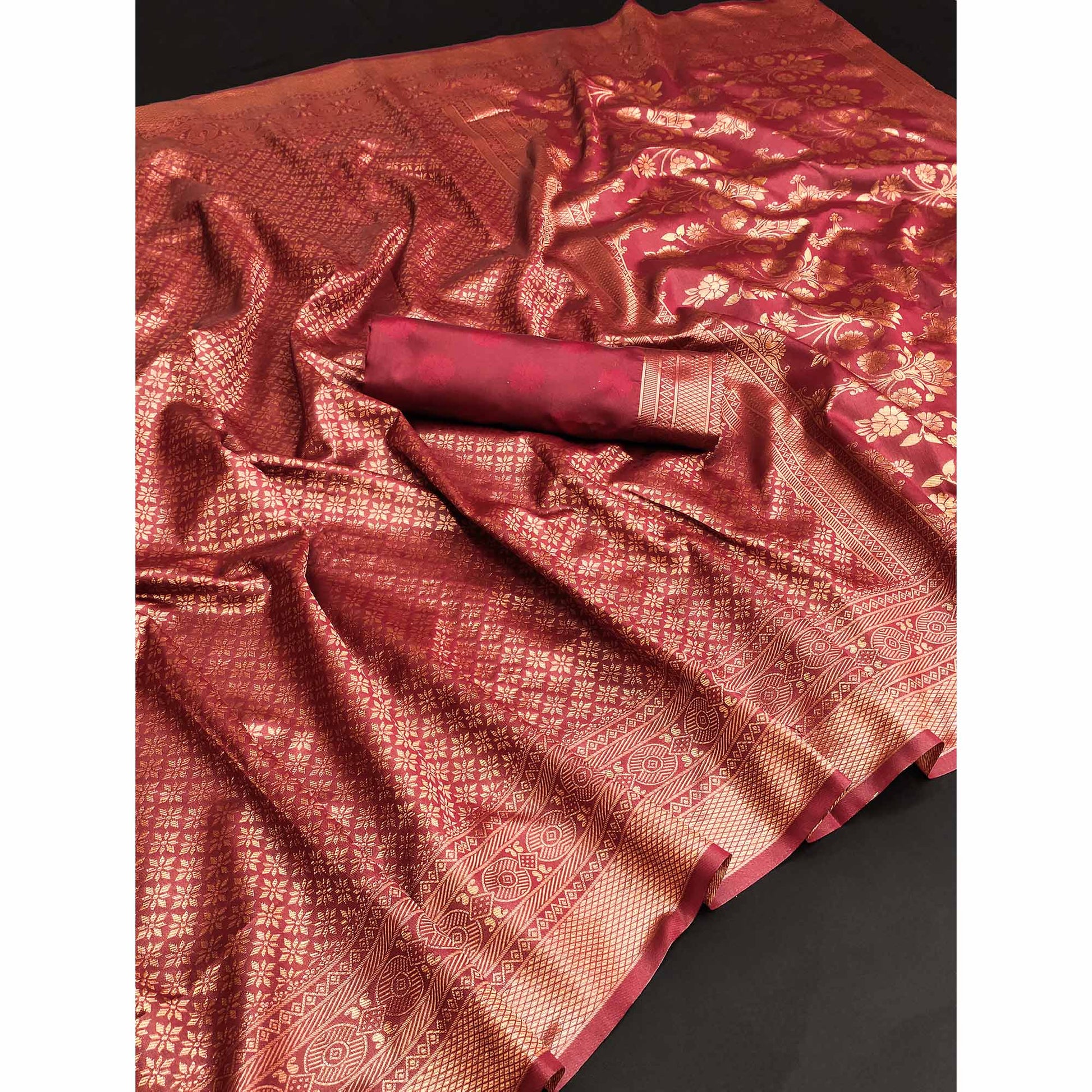 Maroon Floral Woven Banarasi Silk Saree