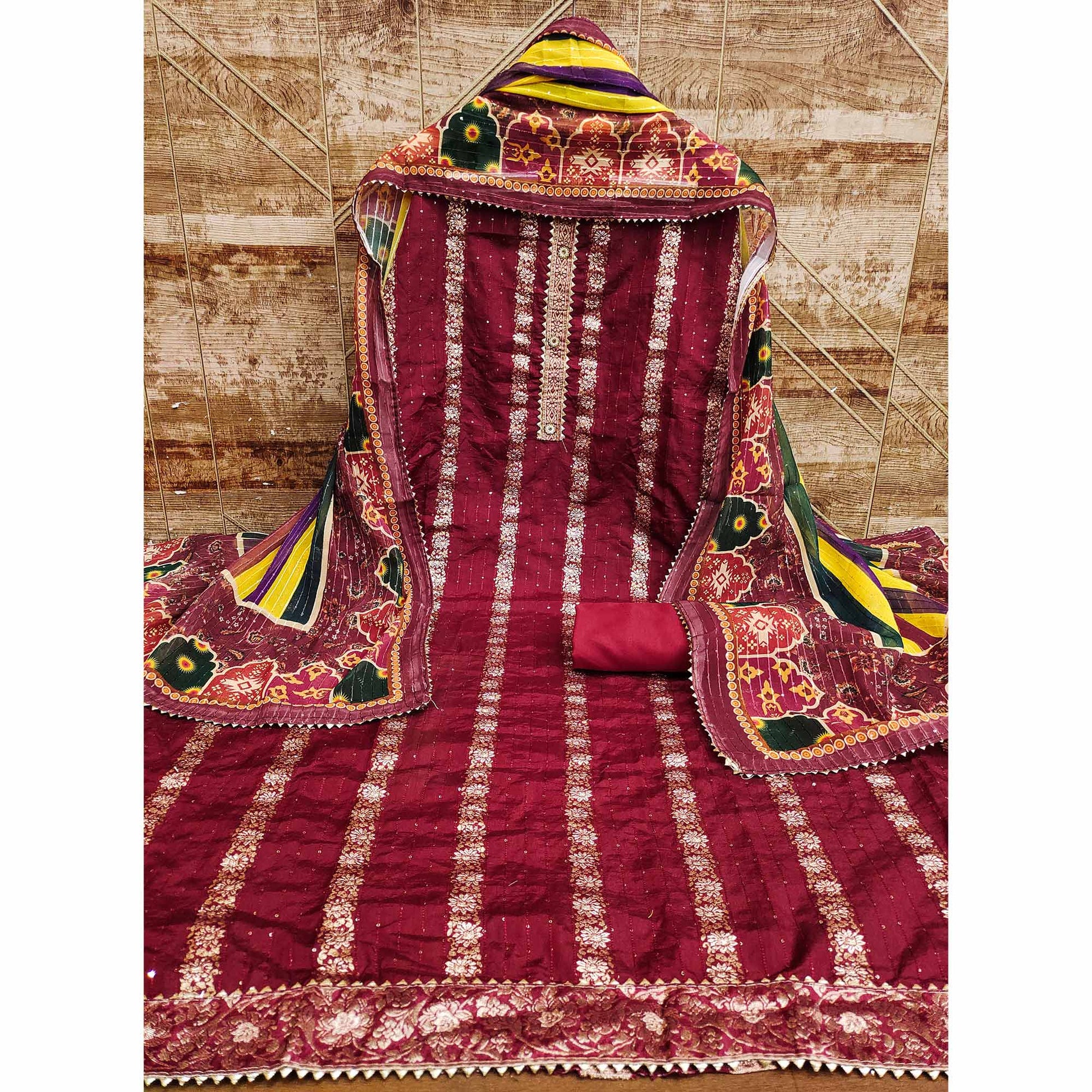 Maroon Woven Banarasi Silk Dress Material