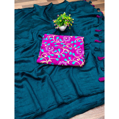 Morpich Solid Vichitra Silk Saree With Tassels