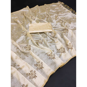 Cream Floral Embroidered Silk Saree