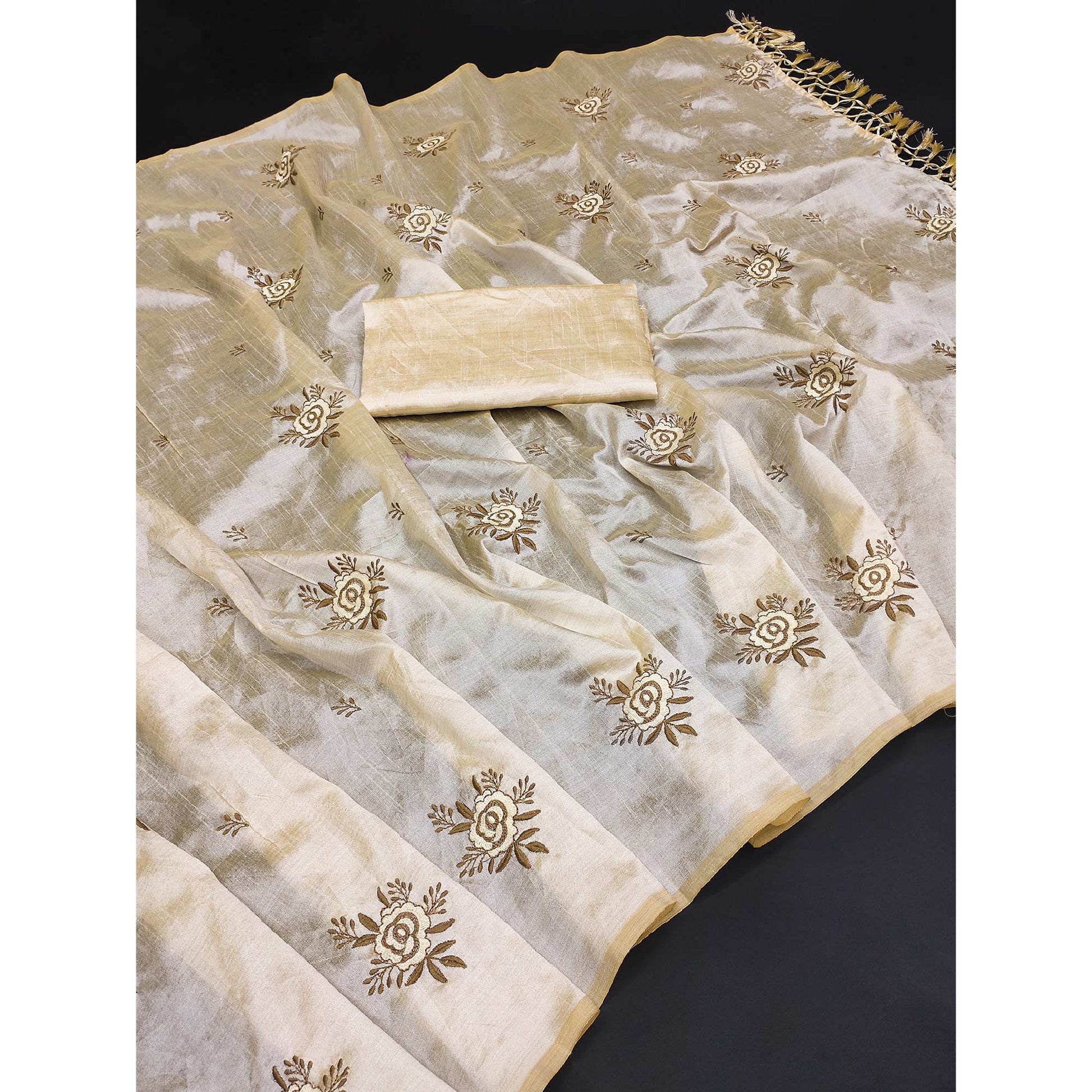 Cream Floral Embroidered Silk Saree