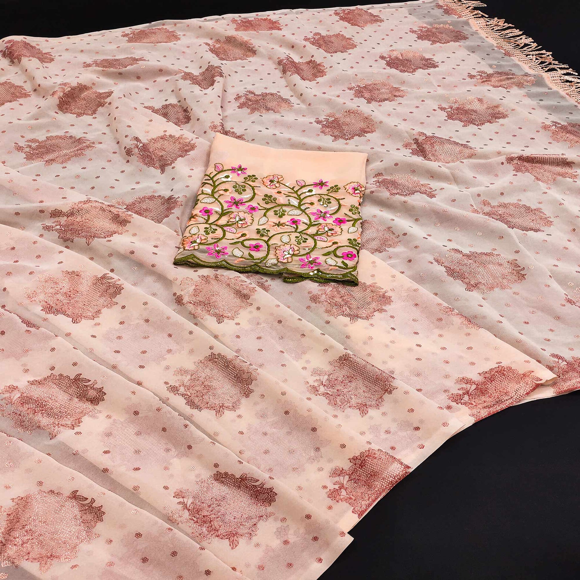 Chikoo Floral Printed Georgette Saree