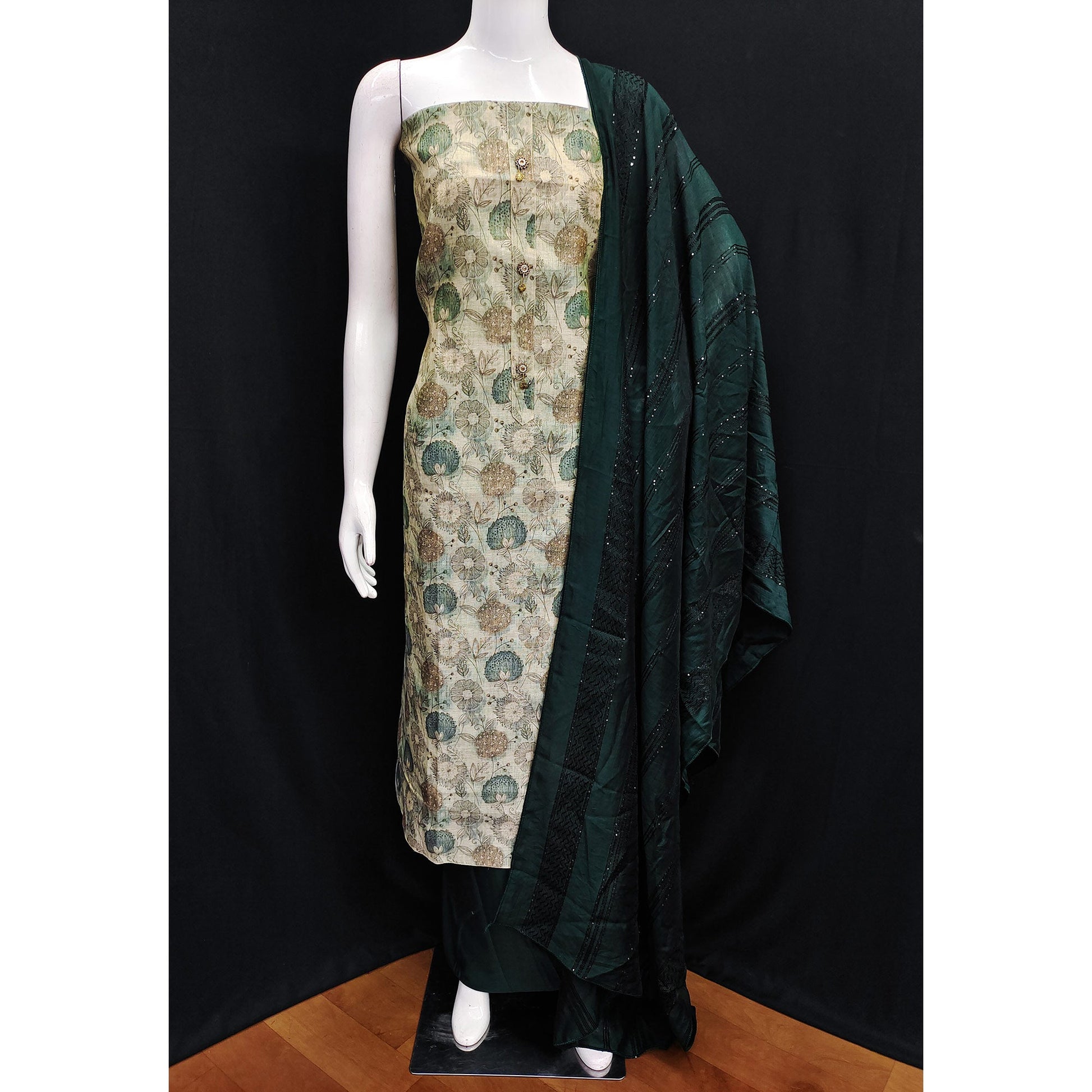 Cream Floral Printed Cotton Silk Dress Material