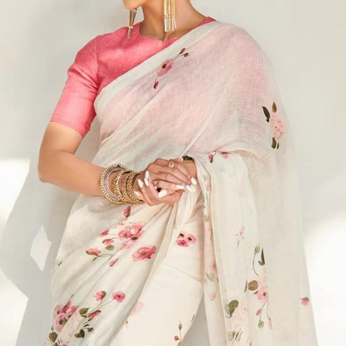 Cream & Pink Floral Digital Printed Linen Saree