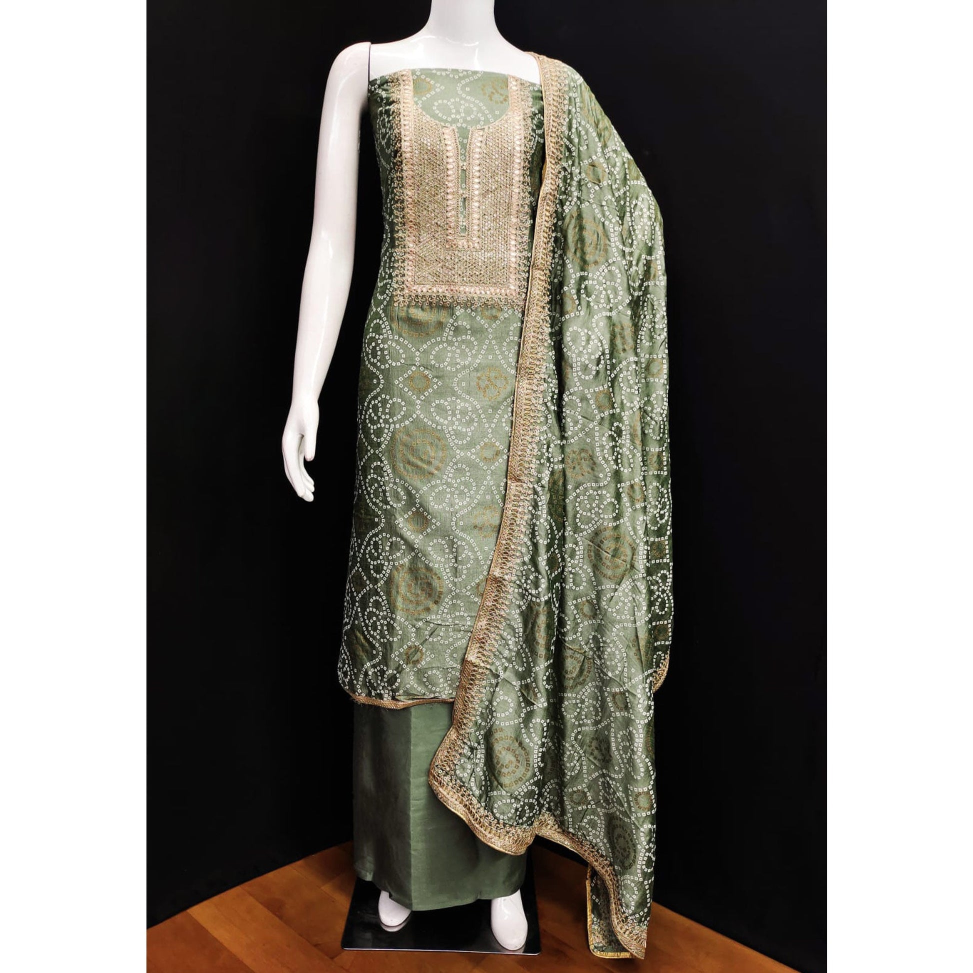 Mehendi Green Bandhani Printed With Embroidered Vichitra Silk Dress Material