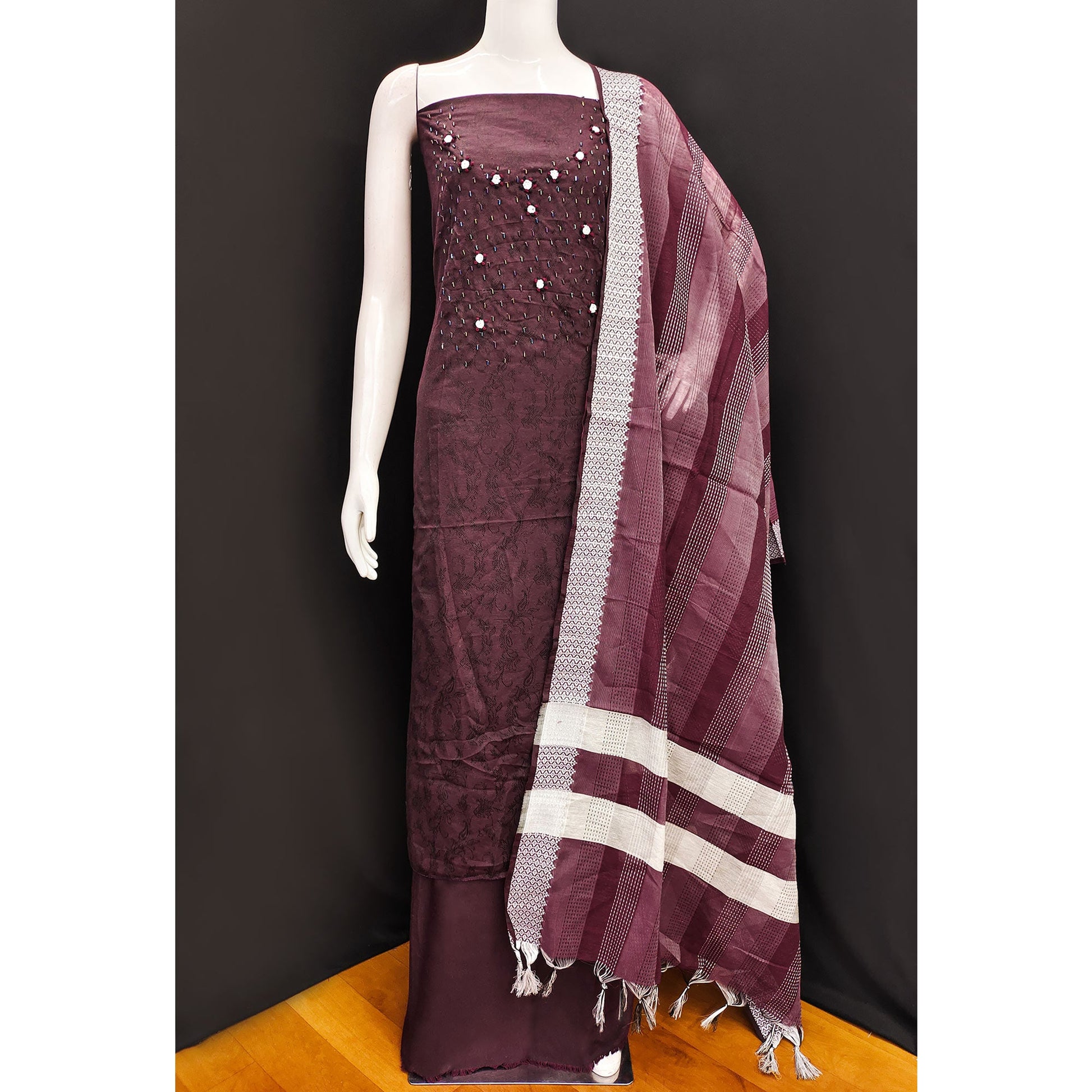 Maroon Embroidered Pure Cotton Dress Material