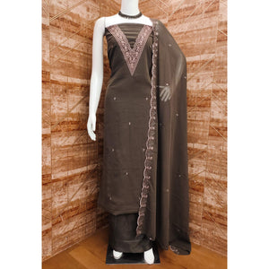 Brown Floral Embroidered Georgette Dress Material